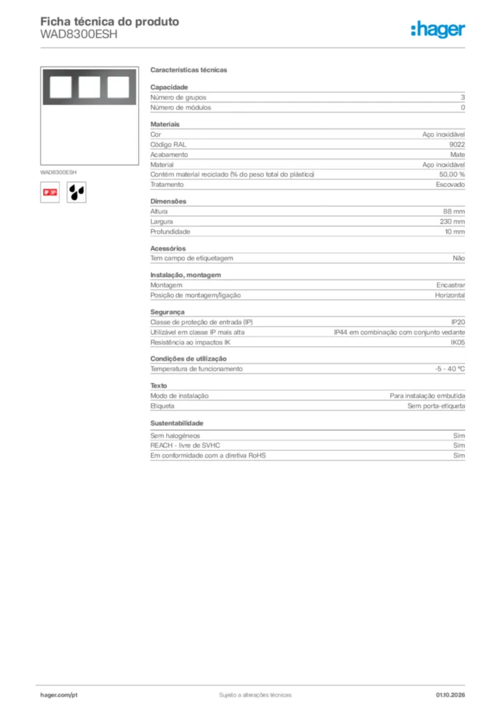 Imagem Hager Ficha técnica do produto WAD8300ESH | Hager Portugal