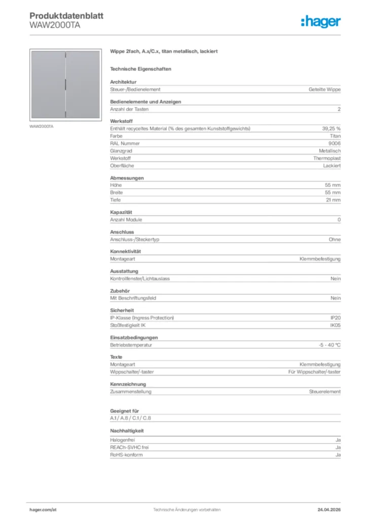 Bild Hager Produktdatenblatt WAW2000TA | Hager Deutschland