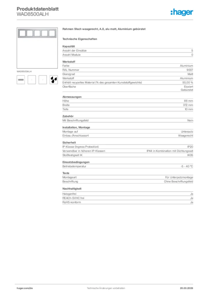 Bild Hager Produktdatenblatt WAD8500ALH | Hager Deutschland