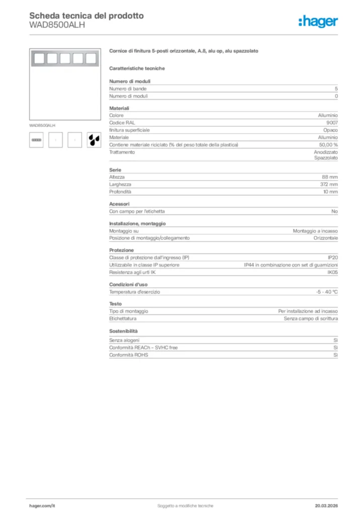 Immagine Hager Scheda tecnica del prodotto WAD8500ALH | Hager Italia