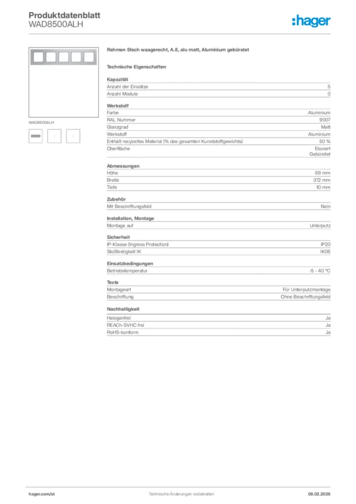 Bild Hager Produktdatenblatt WAD8500ALH | Hager Deutschland