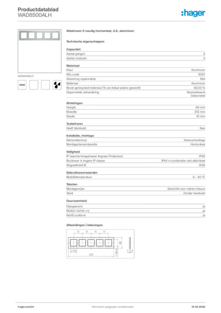 Afbeelding Hager Productdatablad WAD8500ALH | Hager Nederland