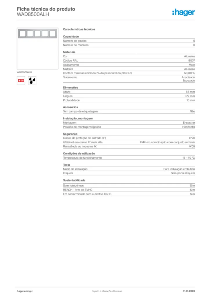 Imagem Hager Ficha técnica do produto WAD8500ALH | Hager Portugal