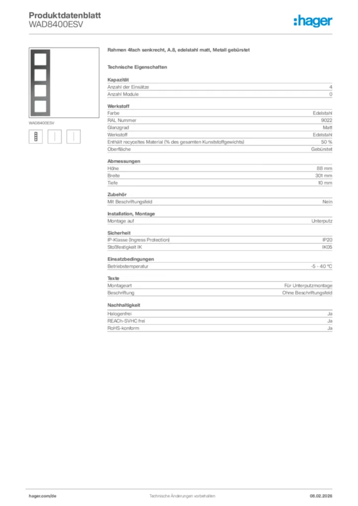 Bild Hager Produktdatenblatt WAD8400ESV | Hager Deutschland
