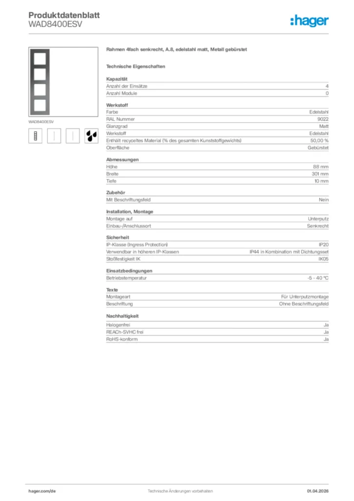 Bild Hager Produktdatenblatt WAD8400ESV | Hager Deutschland