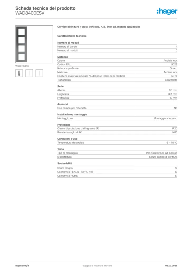 Immagine Hager Scheda tecnica del prodotto WAD8400ESV | Hager Italia