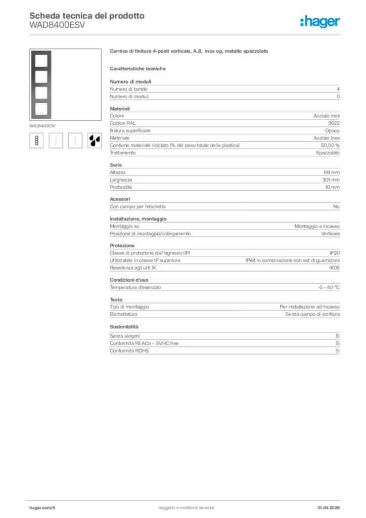 Immagine Hager Scheda tecnica del prodotto WAD8400ESV | Hager Italia