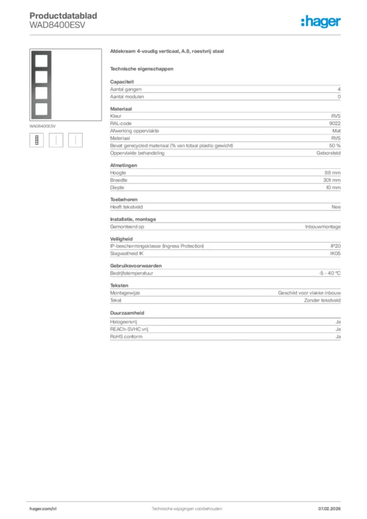 Afbeelding Hager Productdatablad WAD8400ESV | Hager Nederland