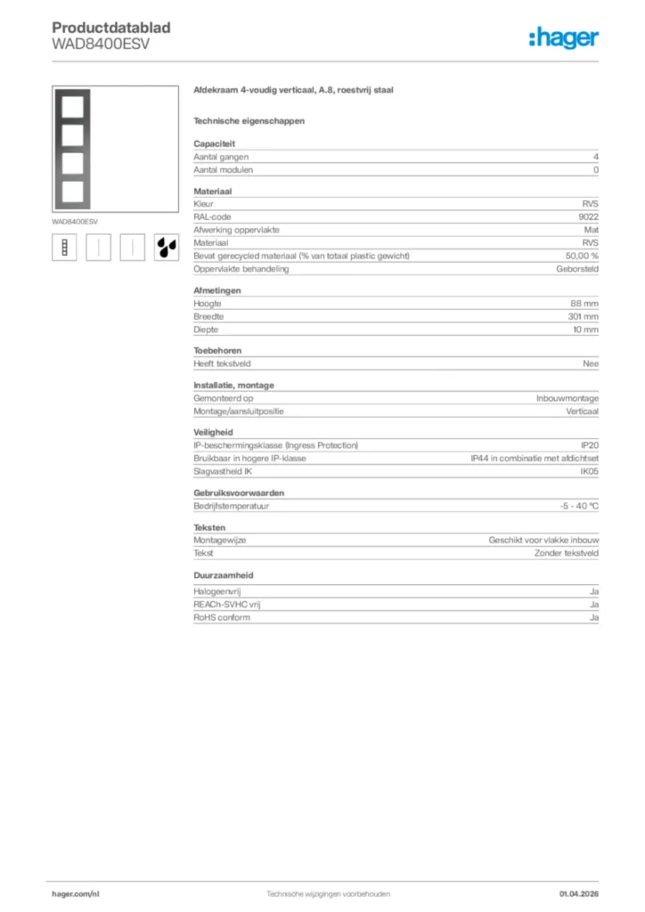 Afbeelding Hager Productdatablad WAD8400ESV | Hager Nederland