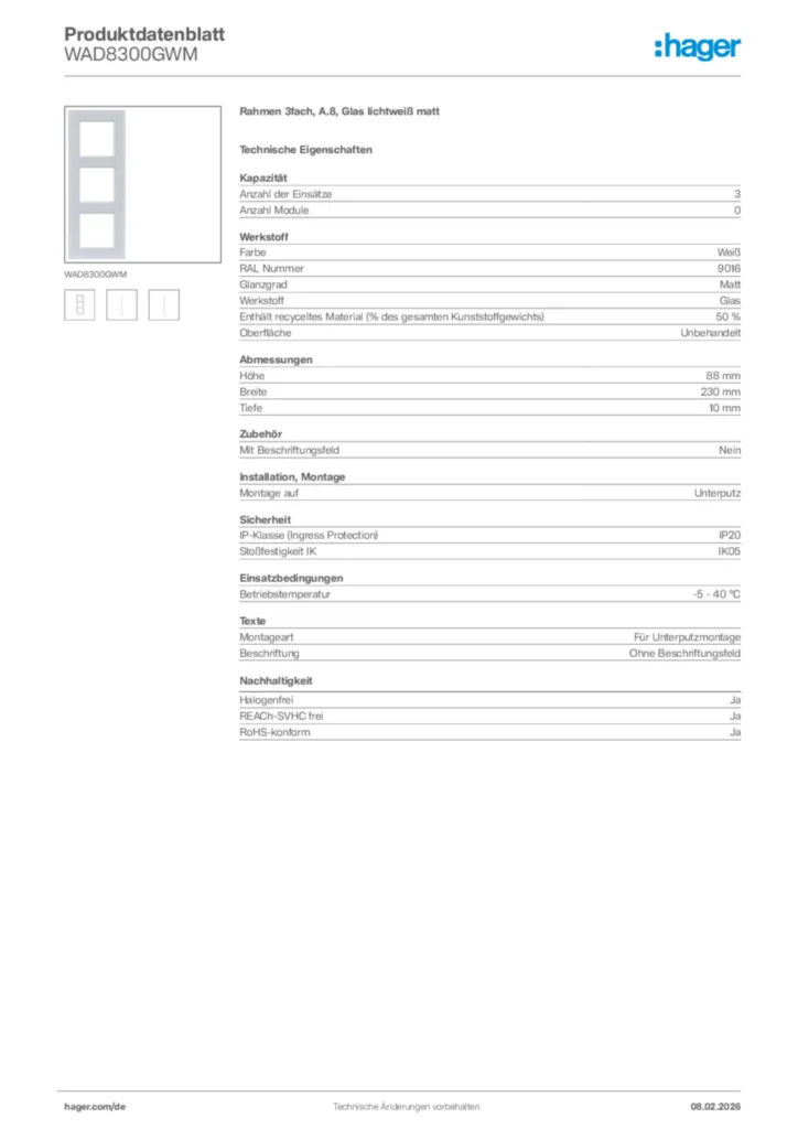 Bild Hager Produktdatenblatt WAD8300GWM | Hager Deutschland