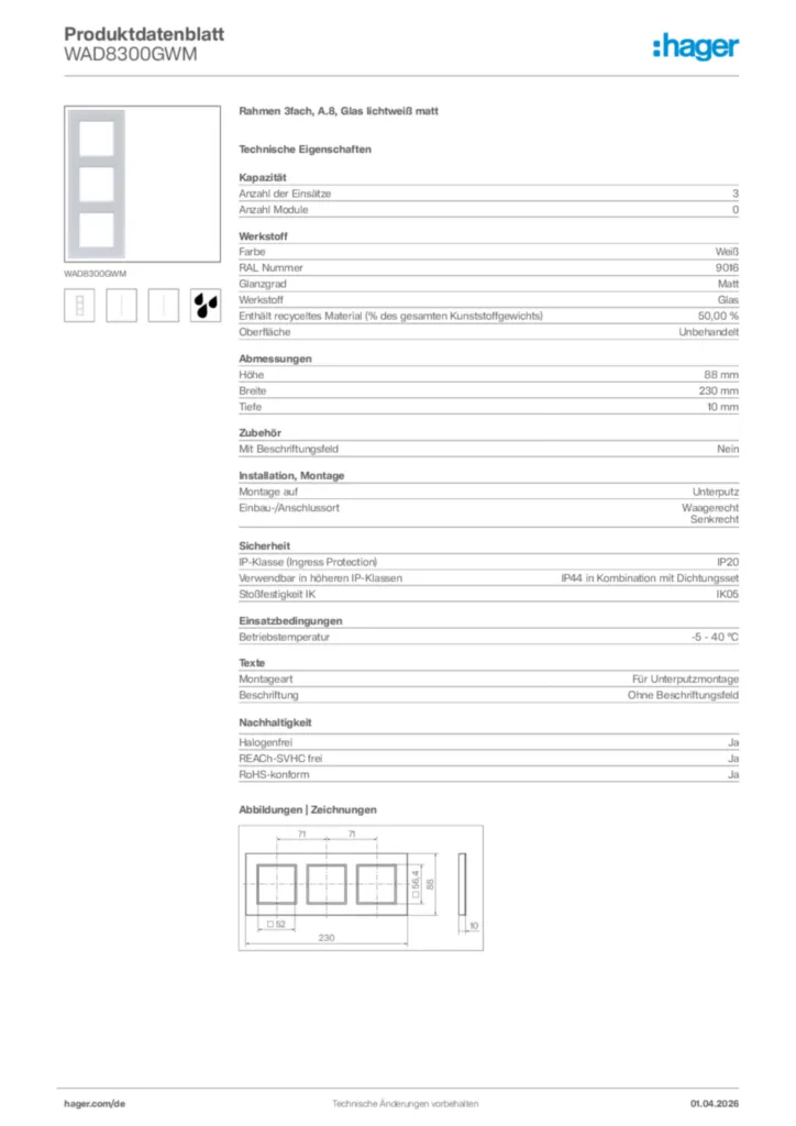 Bild Hager Produktdatenblatt WAD8300GWM | Hager Deutschland
