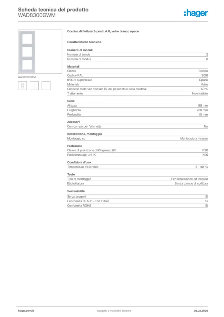 Immagine Hager Scheda tecnica del prodotto WAD8300GWM | Hager Italia