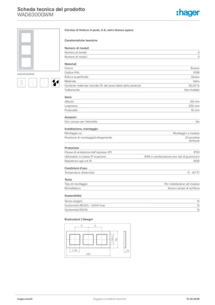 Immagine Hager Scheda tecnica del prodotto WAD8300GWM | Hager Italia