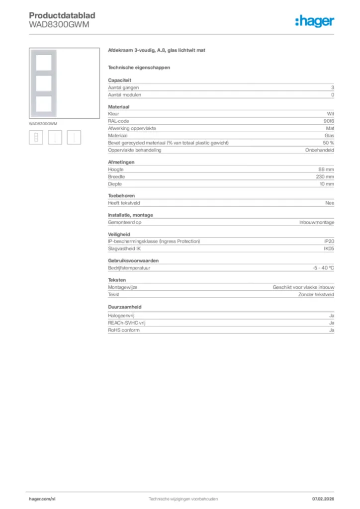 Afbeelding Hager Productdatablad WAD8300GWM | Hager Nederland