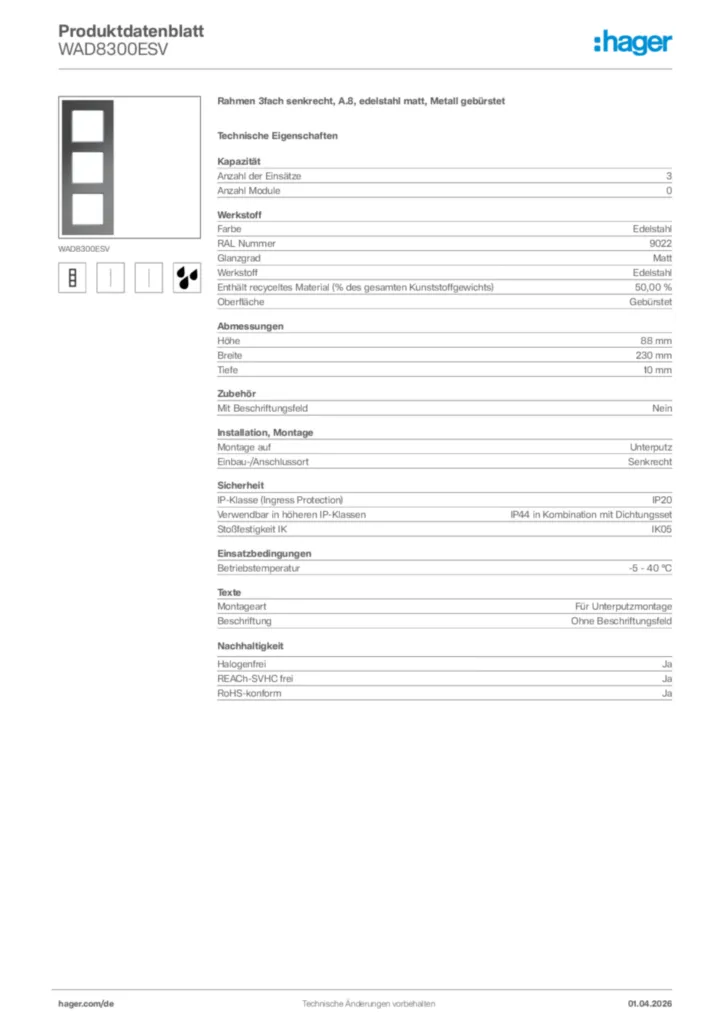 Bild Hager Produktdatenblatt WAD8300ESV | Hager Deutschland