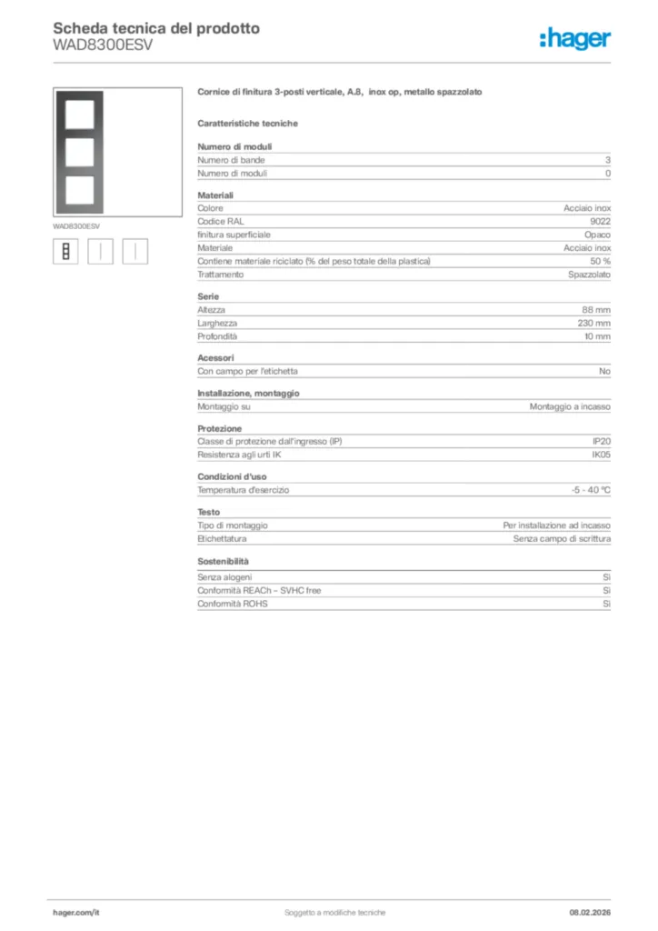 Immagine Hager Scheda tecnica del prodotto WAD8300ESV | Hager Italia