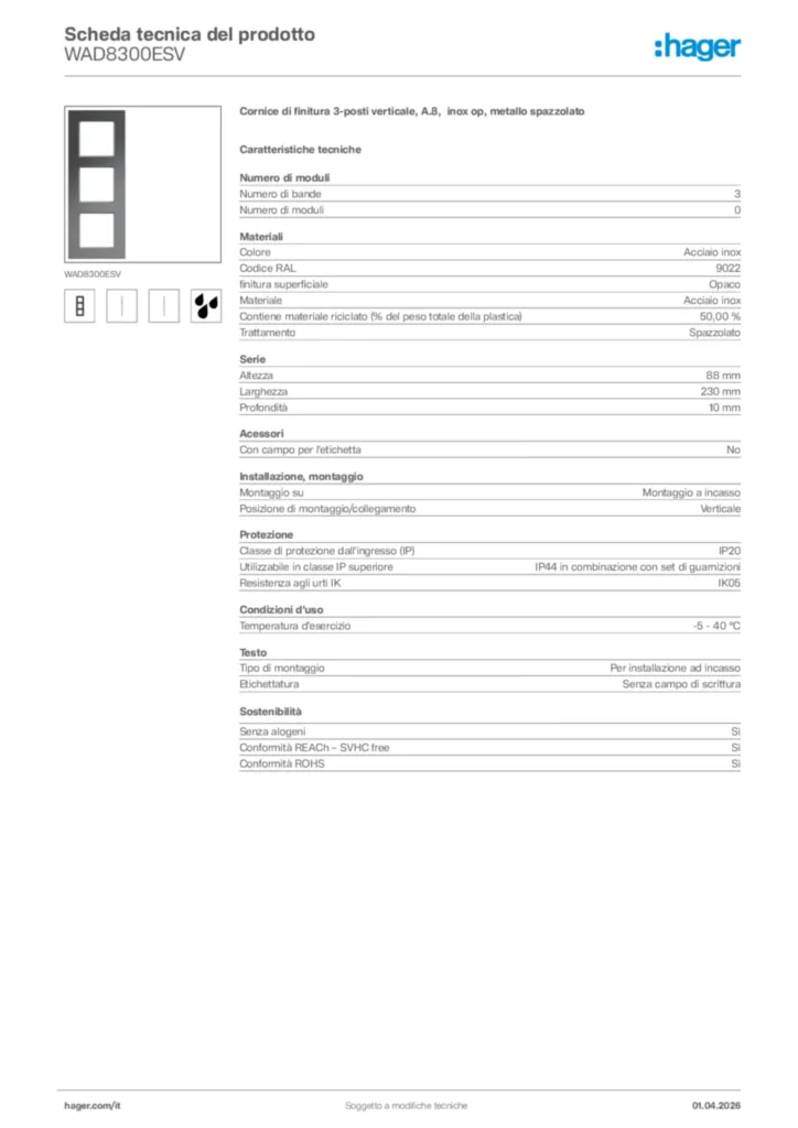 Immagine Hager Scheda tecnica del prodotto WAD8300ESV | Hager Italia