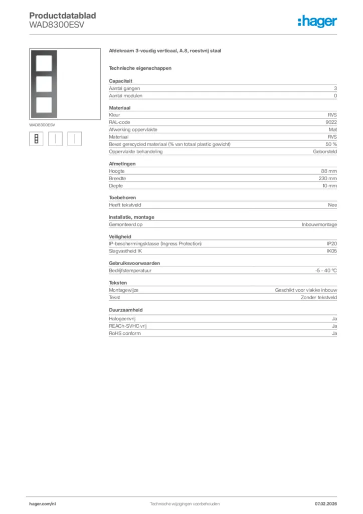 Afbeelding Hager Productdatablad WAD8300ESV | Hager Nederland