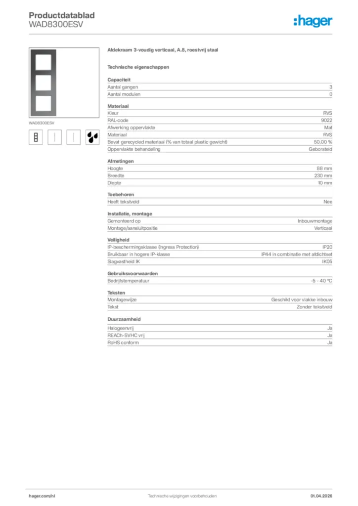 Afbeelding Hager Productdatablad WAD8300ESV | Hager Nederland