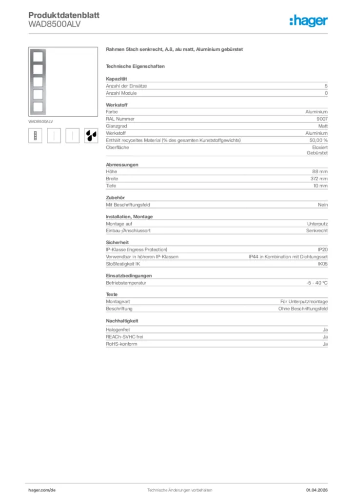 Bild Hager Produktdatenblatt WAD8500ALV | Hager Deutschland