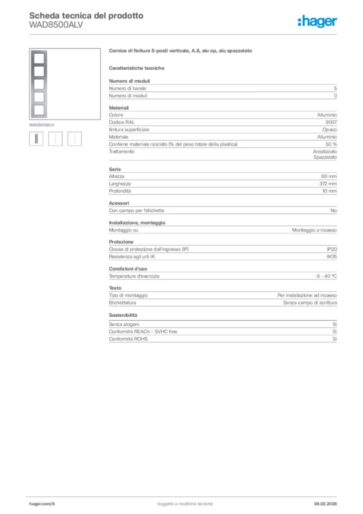 Immagine Hager Scheda tecnica del prodotto WAD8500ALV | Hager Italia