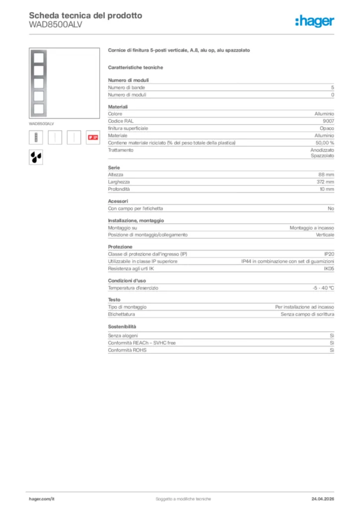 Immagine Hager Scheda tecnica del prodotto WAD8500ALV | Hager Italia