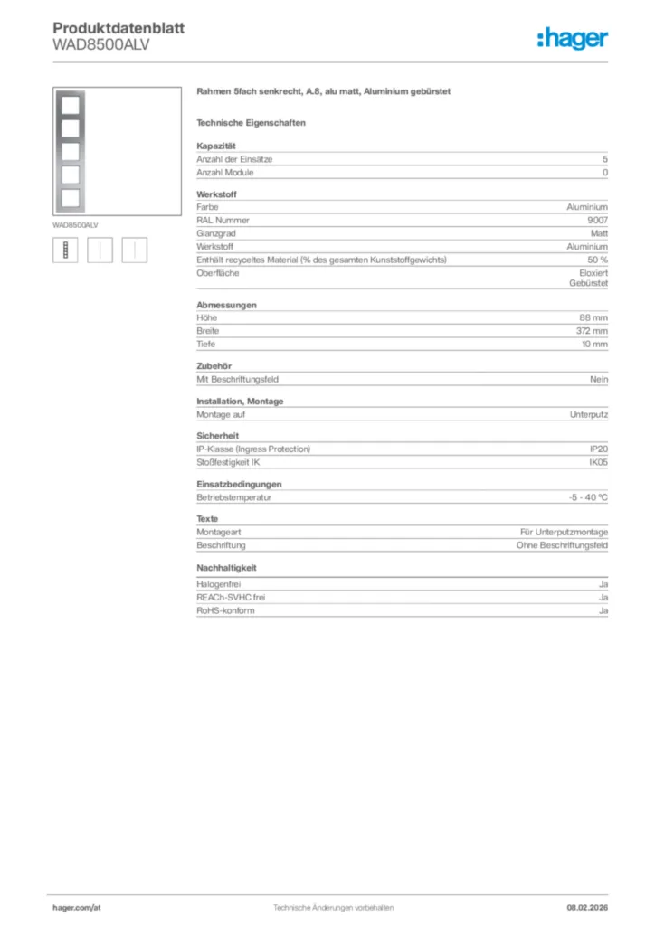 Bild Hager Produktdatenblatt WAD8500ALV | Hager Deutschland