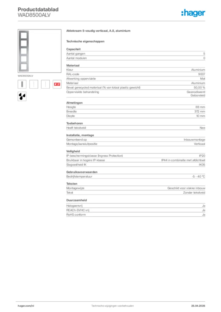 Afbeelding Hager Productdatablad WAD8500ALV | Hager Nederland