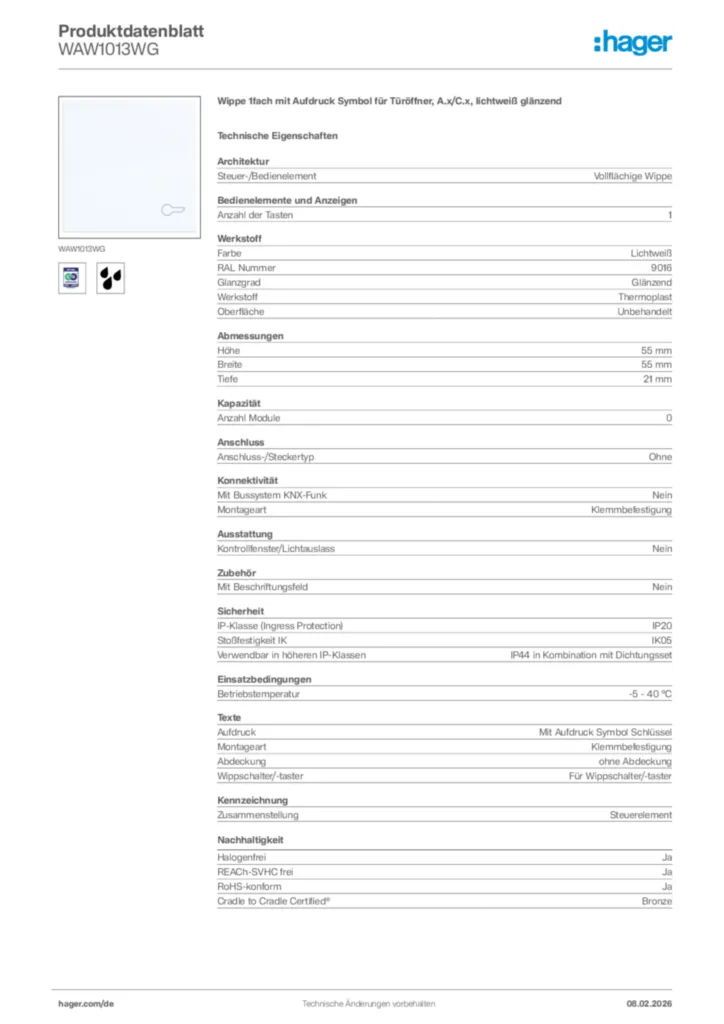 Bild Hager Produktdatenblatt WAW1013WG | Hager Deutschland