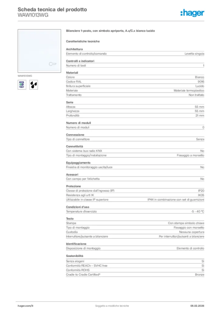 Immagine Hager Scheda tecnica del prodotto WAW1013WG | Hager Italia