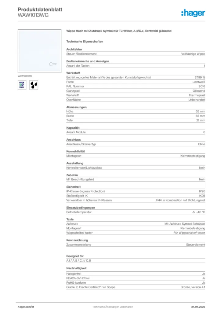 Bild Hager Produktdatenblatt WAW1013WG | Hager Deutschland