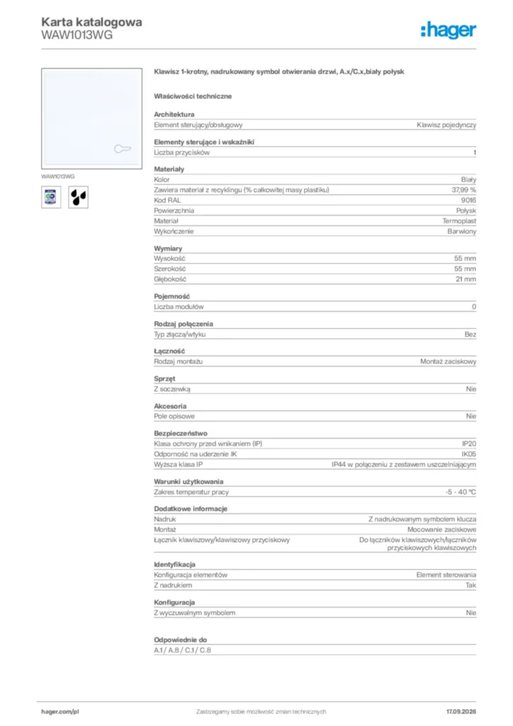 Zdjęcie Hager Karta katalogowa WAW1013WG | Hager Polska