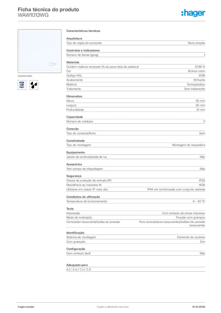 Imagem Hager Ficha técnica do produto WAW1013WG | Hager Portugal