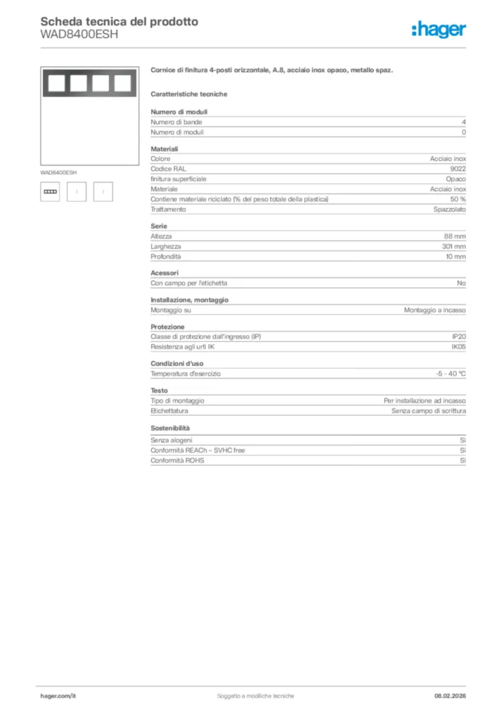 Immagine Hager Scheda tecnica del prodotto WAD8400ESH | Hager Italia