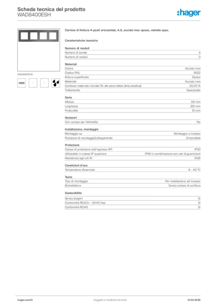 Immagine Hager Scheda tecnica del prodotto WAD8400ESH | Hager Italia