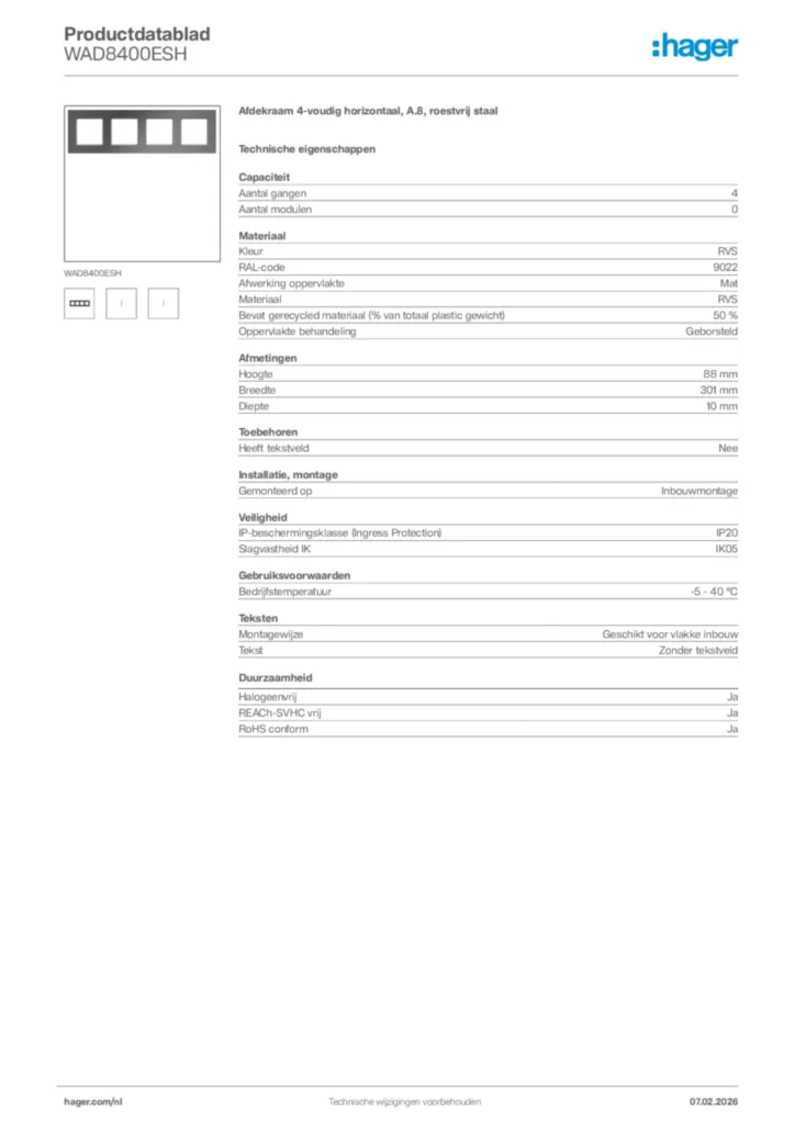 Afbeelding Hager Productdatablad WAD8400ESH | Hager Nederland