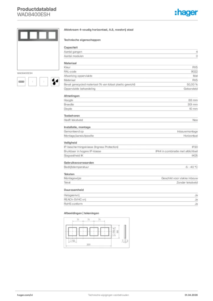 Afbeelding Hager Productdatablad WAD8400ESH | Hager Nederland