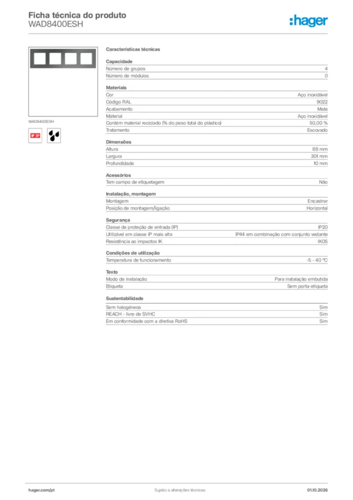 Imagem Hager Ficha técnica do produto WAD8400ESH | Hager Portugal