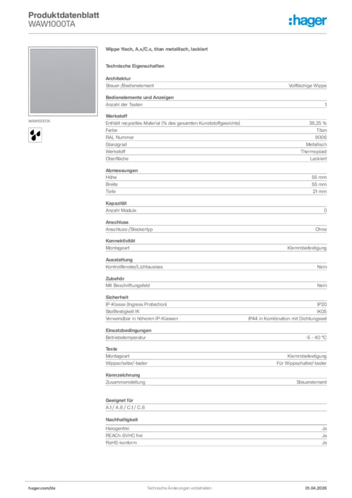 Bild Hager Produktdatenblatt WAW1000TA | Hager Deutschland