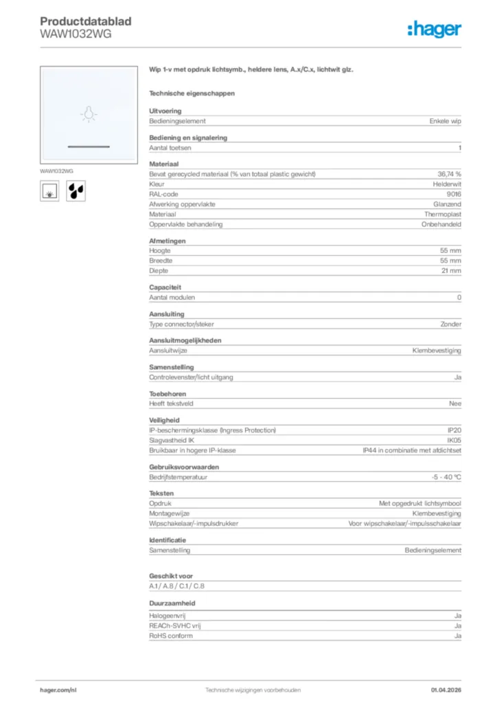 Afbeelding Hager Productdatablad WAW1032WG | Hager Nederland