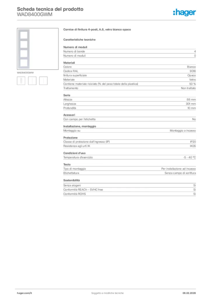 Immagine Hager Scheda tecnica del prodotto WAD8400GWM | Hager Italia