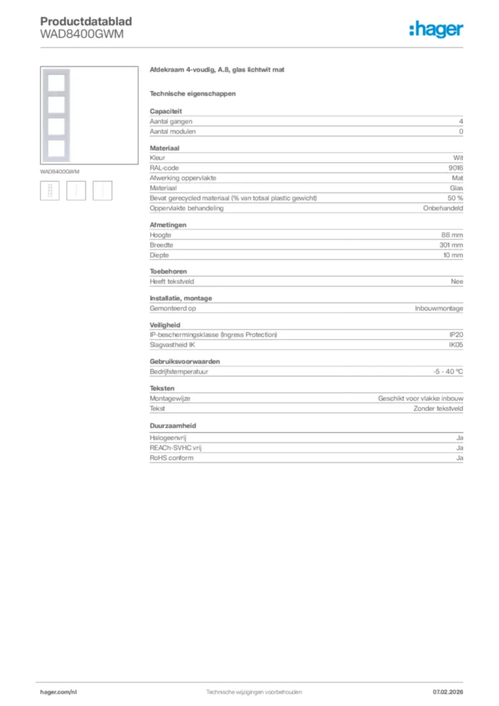 Afbeelding Hager Productdatablad WAD8400GWM | Hager Nederland