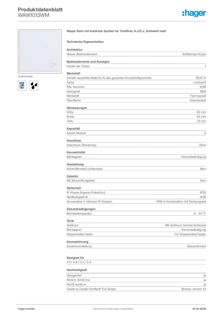 Bild Hager Produktdatenblatt WAW1013WM | Hager Deutschland