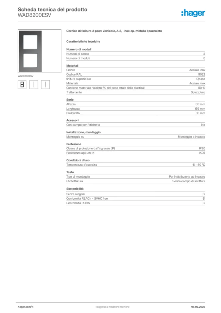 Immagine Hager Scheda tecnica del prodotto WAD8200ESV | Hager Italia
