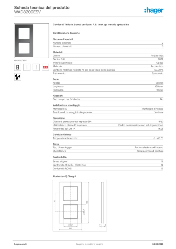 Immagine Hager Scheda tecnica del prodotto WAD8200ESV | Hager Italia