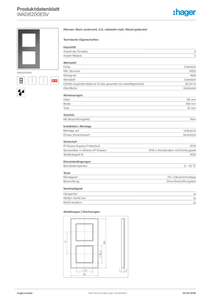 Bild Hager Produktdatenblatt WAD8200ESV | Hager Deutschland