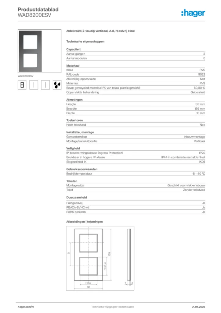 Afbeelding Hager Productdatablad WAD8200ESV | Hager Nederland