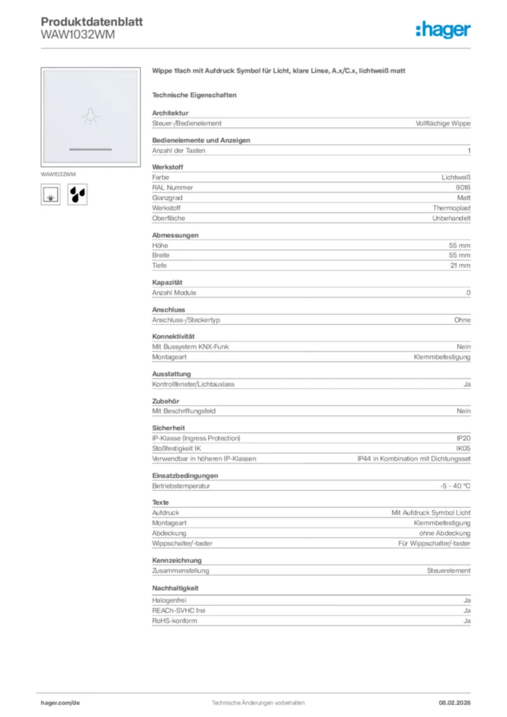 Bild Hager Produktdatenblatt WAW1032WM | Hager Deutschland