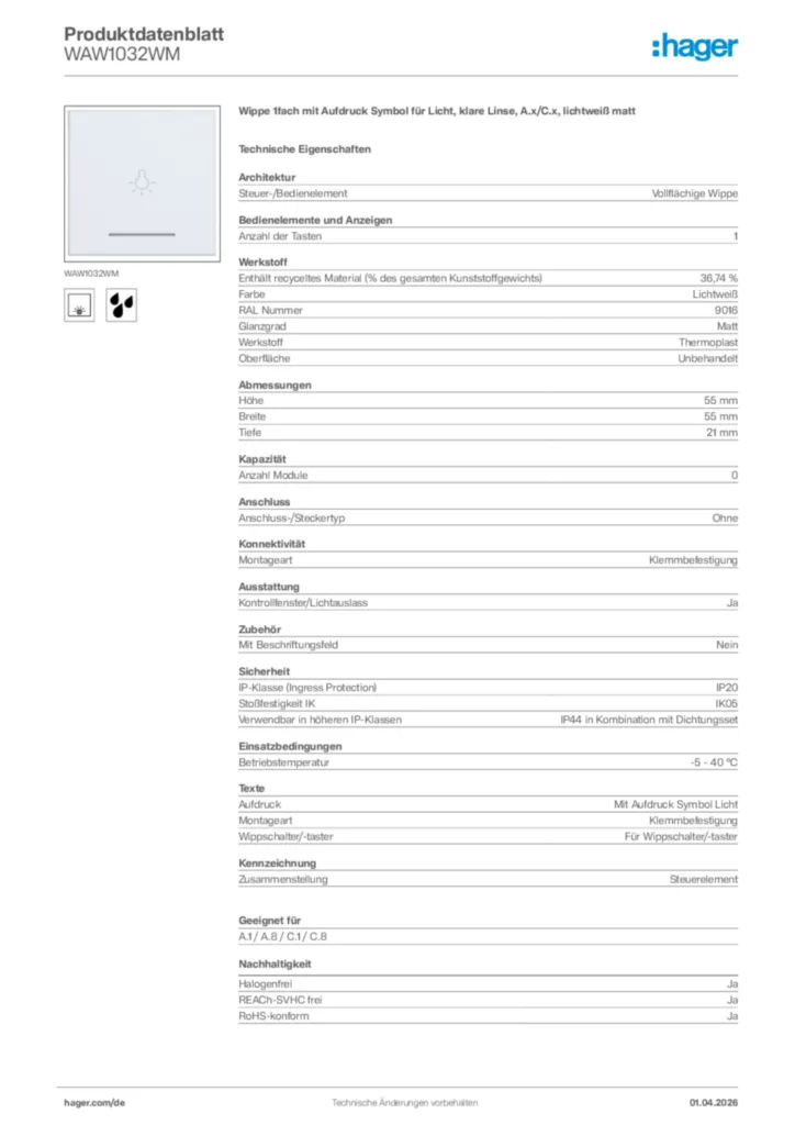 Bild Hager Produktdatenblatt WAW1032WM | Hager Deutschland