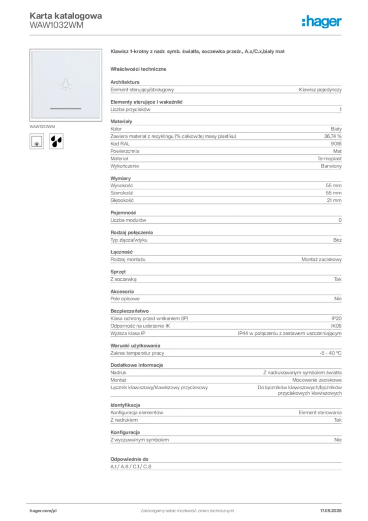 Zdjęcie Hager Karta katalogowa WAW1032WM | Hager Polska